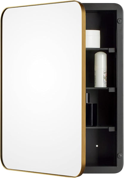 16’’x26’’ Medicine Cabinet,Metal Framed Medicine Cabinet Mirror with Round Corner,Recessed and Surface Mount Bathroom Mirror with Storage, Removeable Shelves,Gold