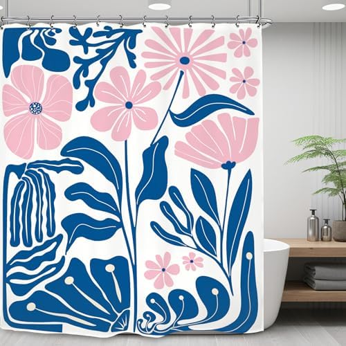 Pink Blue Matisse Flower Shower Curtain 60Wx72L Inch Abstract Retro Aesthetic Minimalist Vintage Art 70s Modern Bathroom Set Accessories Decor with 12 Pack Hooks