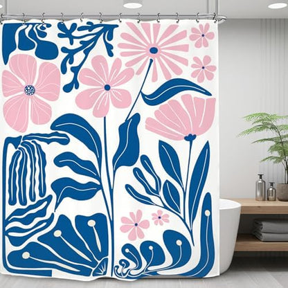 Pink Blue Matisse Flower Shower Curtain 60Wx72L Inch Abstract Retro Aesthetic Minimalist Vintage Art 70s Modern Bathroom Set Accessories Decor with 12 Pack Hooks