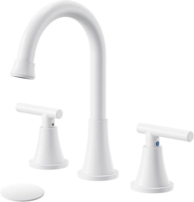 Bathroom Faucet 3 Hole, White Faucets with Pop-up Drain and Supply Lines | Hurran Stainless Steel Lead-Free Widespread Bathroom Sink Faucet for Vanity RV Restroom Laundry Outdoor Utility Sink