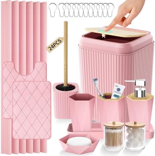 Pink Bathroom Accessories Set - Bathroom Set with Shower Curtain and Rugs, Trash Can, Toilet Brush with Holder, Soap Dispenser, Toothbrush and Toothpaste Holder, Cup, Soap Dish, Qtip Holders