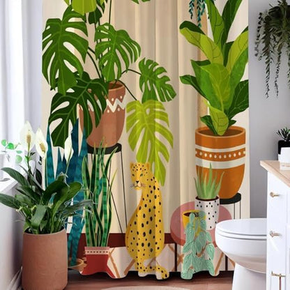 Tropical Boho House Plant Leopard Jungle Shower Curtain 72x72 Inches