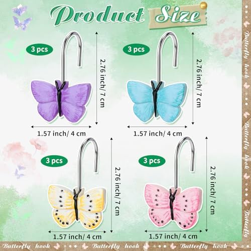 Thyle 12 Pcs Butterfly Shower Curtain Hooks Spring Colorful Resin Ornament Rings Butterfly Shower Curtain Hooks for Bathroom Bedroom Accessories