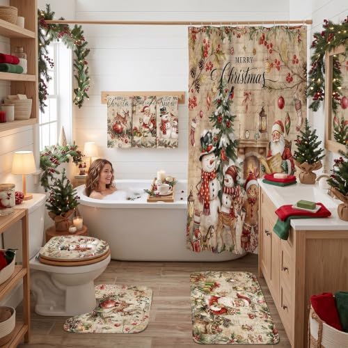 FuWeave 8 Pcs Vintage Christmas Shower Curtain Set for Bathroom Decor Include Santa Snowman Reindeer Gingerbread Shower Curtain Towels Non Slip Rugs Toilet Lid Cover Bath Mat and 12 Hooks