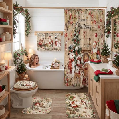 FuWeave 8 Pcs Vintage Christmas Shower Curtain Set for Bathroom Decor Include Santa Snowman Reindeer Gingerbread Shower Curtain Towels Non Slip Rugs Toilet Lid Cover Bath Mat and 12 Hooks