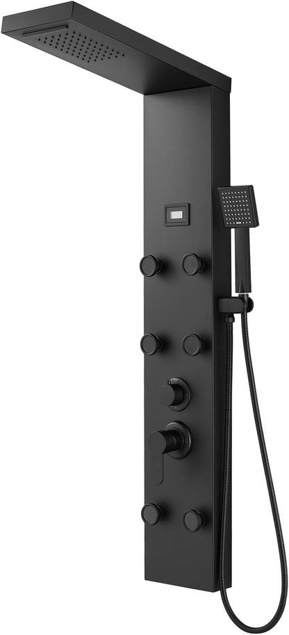 ROVOGO Shower Panel Tower System with Rainfall Waterfall Shower Head, 6 Body Jets, Handheld and Temp Display, Stainless Shower Column with Mixer Valve, All Black