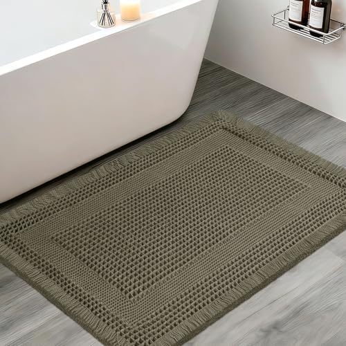 Upgraded Waffle Bath Mat, 36"x24" Greyish Green-Looped, Super Absorbent Non-Slip Quick Dry Bathroom Rugs with Tassels, Machine Washable Ultra Soft Boho Bath Rugs, Toilet Mats Boho Farmhouse Decor