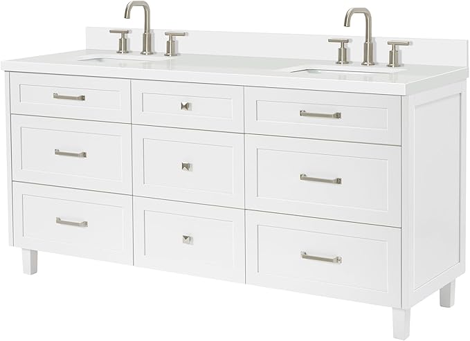 ARIEL Monroe 72-inch Bathroom Vanity with Sink,Solid Wood, 1.5-inch Pure White Quartz Countertop & Backsplash, Double Oval Porcelain Sink, 9 Dovetail Drawers, Brushed Nickel, White