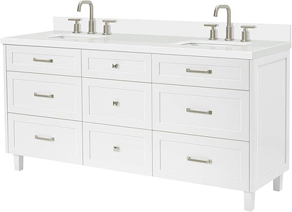 ARIEL Monroe 72-inch Bathroom Vanity with Sink,Solid Wood, 1.5-inch Pure White Quartz Countertop & Backsplash, Double Oval Porcelain Sink, 9 Dovetail Drawers, Brushed Nickel, White