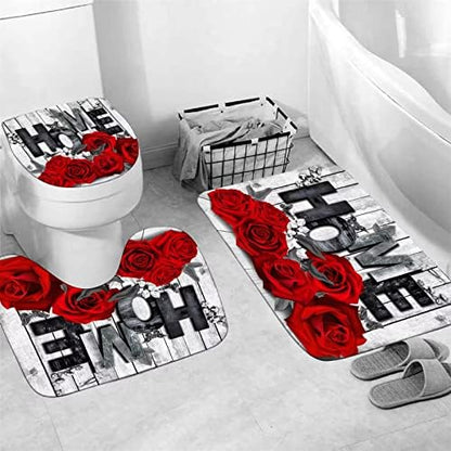 Yddsky 4 Pcs Red Rose Shower Curtain Set with Rugs Bathroom Set