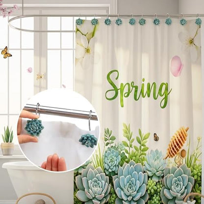 Amyhill 12 Pcs Succulents Plants Decorative Cute Shower Curtain Hooks Mini Succulents Green Shower Curtain Rings Bulk Hanger Stainless Steel Resin Plant Theme Hooks for Bathroom Bedroom Home Decor