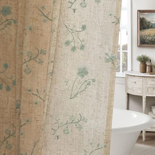 Green Floral Vintage Linen Shower Curtain Embroidered Textured 72Wx72H