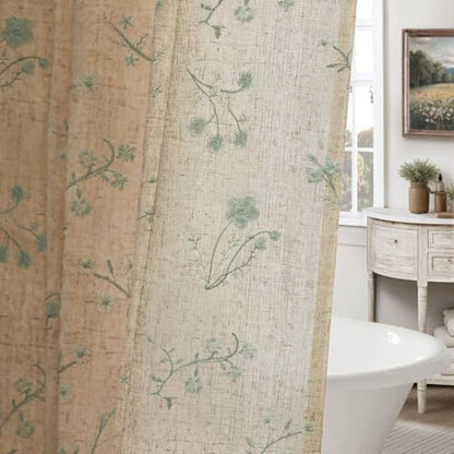 Green Floral Vintage Linen Shower Curtain Embroidered Textured 72Wx72H