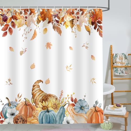 Fall Pumpkins Shower Curtain, Autumn Leaves Thanksgiving Harvest Bathroom Bathtubs Decor, Waterproof Polyester Fabric Bathroom Curtain with Hooks 72x72 in