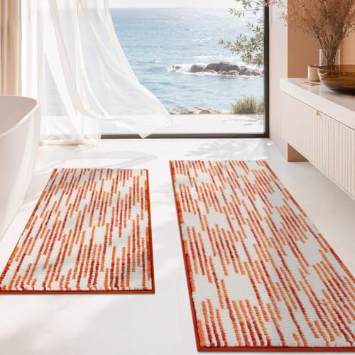 BSICPRO Bathroom Rugs Sets 2 Piece, Fall Bath Mat 20"x47"+20"x32", Orange