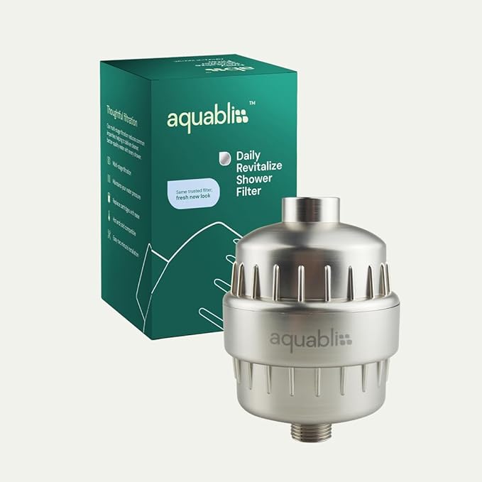 Aquabliss SF100 Daily Revitalize Shower Filter - Brushed Nickel | Reduces chlorine, sediment & heavy metals. Vitamin C infusion designed for sensitive, eczema-prone skin. No tools needed
