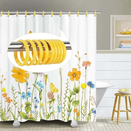 Yellow Shower Curtain Hooks - 12 Pcs Circular Plastic Shower Curtain Rings for Bathroom - O Shaped Yellow Shower Hooks Rings for Shower Curtain Rod