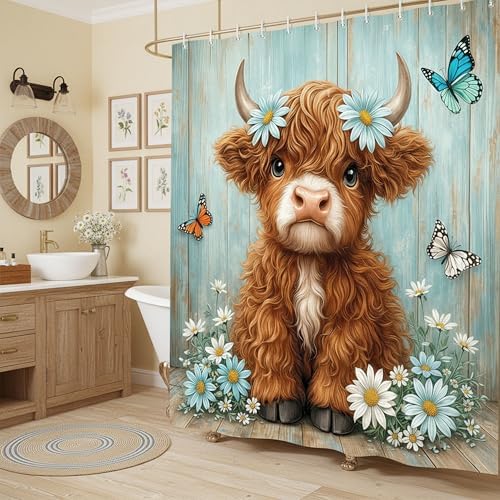 Cute Cow Shower Curtain, Farmhouse Rustic Floral Teal Daisy Funny Highland Cow Shower Curtains for Bathroom, Calf Country Plant Farm Animal Bathroom Decor with Hooks, 70x75 inch