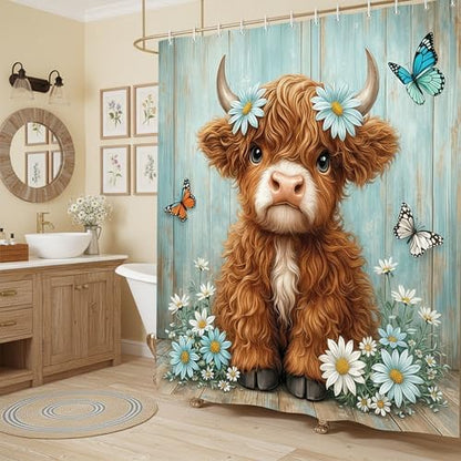 Cute Cow Shower Curtain, Farmhouse Rustic Floral Teal Daisy Funny Highland Cow Shower Curtains for Bathroom, Calf Country Plant Farm Animal Bathroom Decor with Hooks, 70x75 inch