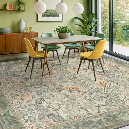 Hazo Haus Washable Living Room Rug 7x10 - Sage Floral Rugs for Bedroom, Vintage Bird Patterned Dining Room Kitchen Table Rug for Under Table, Stain Resistant Non-Slip