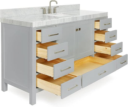 ARIEL Cambridge 60-inch Bathroom Vanity with Sink,Solid Wood, 2-inch Italian Carrara Marble Countertop, Single Rectangular Porcelain Sink, 2 Soft Closing Doors, 9 Dovetail Drawers, Grey
