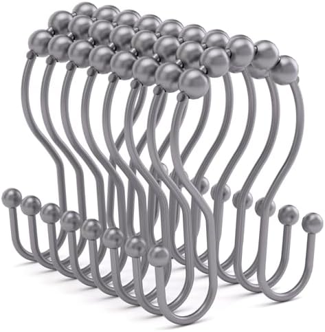 Bathway Shower Curtain Hooks, Shower Curtain Rings Rust Proof Double Hook Shower Curtain Hooks, 12 Pcs Grey Shower Hooks for Shower Curtain, Shower Rings for Curtain, Metal Shower Rod Hooks
