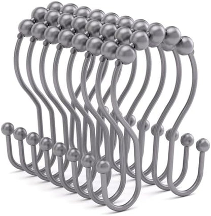 Bathway Shower Curtain Hooks, Shower Curtain Rings Rust Proof Double Hook Shower Curtain Hooks, 12 Pcs Grey Shower Hooks for Shower Curtain, Shower Rings for Curtain, Metal Shower Rod Hooks