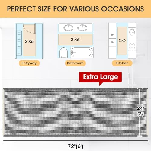 IM HOME Extra Large Waffle Bath Mat Darkgrey & Cream 6'x2', Boho Woven Modern Bath Mat Rugs, Absorbent Non Slip Bathroom Rugs, Soft Washable Bath Rugs with Tassels for Bedroom, Kitchen, Shower, Tub