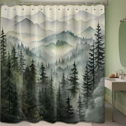 Sage Green Forest Extra Long Shower Curtain, Tall 72X84 in, Mountain
