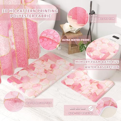 XLHOMO Bathroom Set - 26PC Bathroom Set with Shower Curtain and Rugs, Bathroom Accessory Set, Pink Bathroom Accessories Set, Trash Can & Soap Dispenser