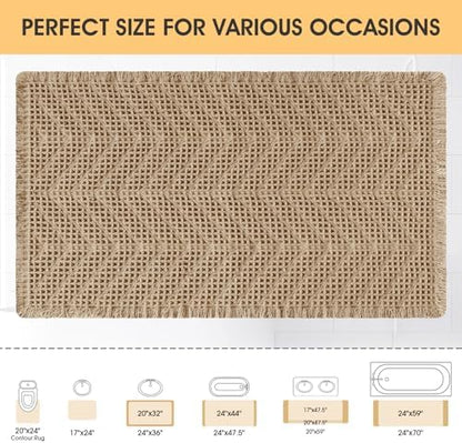 Upgrade Waffle Bath Mat,Boho Bathroom Rugs Absorbent Non Slip, Ultra Soft Bathroom Mat, Machine Washable Knit Bath Rugs with Herringbones for Bathroom, Bedroom, Kitchen, Shower, Tub, 36"x24", Beige