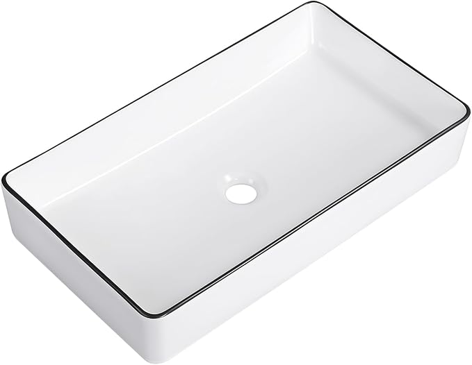 Vessel Sink Rectangle 24"x14" Bathroom Sink Above Counter Porcelain Ceramic White with Black Rim Ceramic Vessel Sinks for Bathrooms