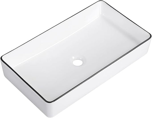 Vessel Sink Rectangle 24"x14" Bathroom Sink Above Counter Porcelain Ceramic White with Black Rim Ceramic Vessel Sinks for Bathrooms