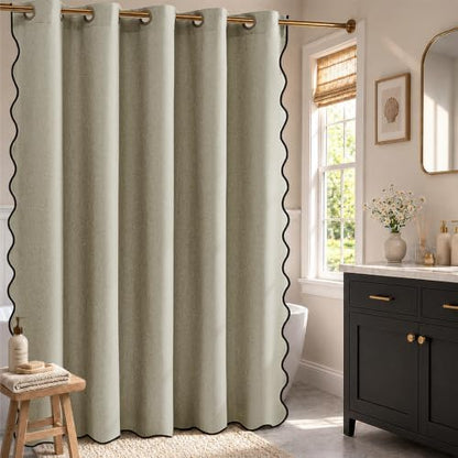 Furlinic Scalloped Shower Curtain No Hook Boho 78x75 Extra Wide Linen Taupe