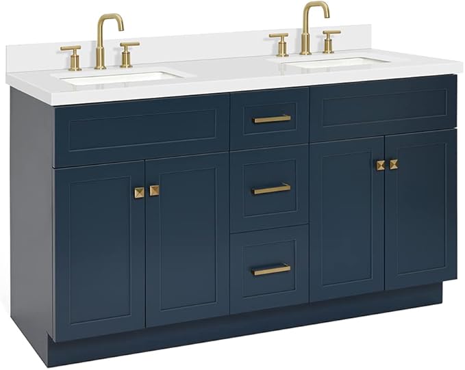 ARIEL Hamlet 60-inch Bathroom Vanity with Sink,Solid Wood, 1.5-inch Pure White Quartz Countertop, Double Rectangular Porcelain Sink, 4 Soft Closing Doors, 3 Dovetail Drawers, Midnight Blue