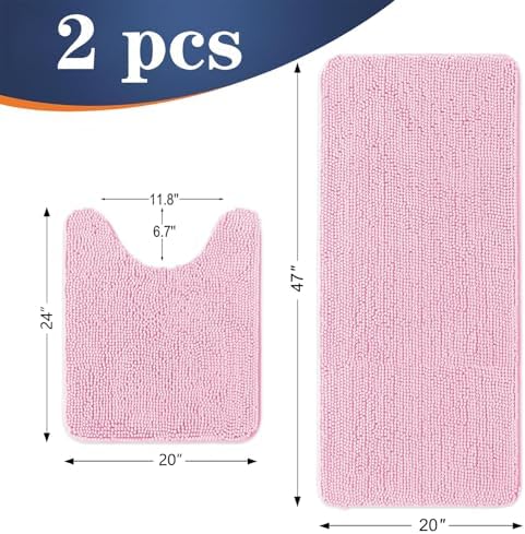 OLANLY Chenille Bathroom Rugs Mats Sets 2 Piece, 47"x20"+24"x20", Pink