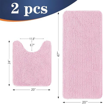 OLANLY Chenille Bathroom Rugs Mats Sets 2 Piece, 47"x20"+24"x20", Pink
