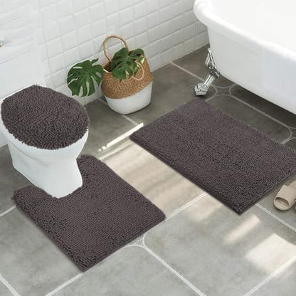 Standard 3pc Set Chenille Bath Mats, Includes 21"x24" U-Shaped Contour Toilet Rug, 21"x34" Inches Bathmat and 1 Toilet Lid Cover, Plush Absorbent Bath Mats Quick Dry, Chocolate Brown