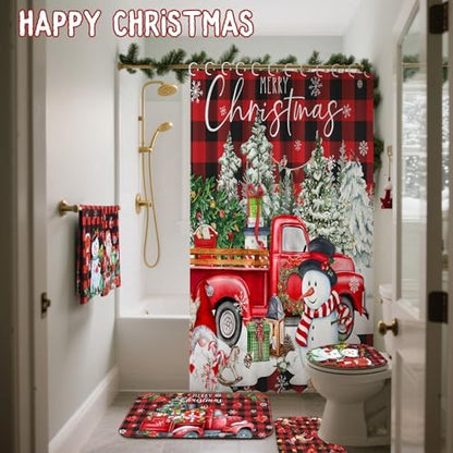 FuWeave 8 Pcs Christmas Shower Curtain Set Xmas Santa Bathroom Decoration Christmas Tree Hand Towels Snowman Toilet Lid Cover Bathroom Rugs Xmas Shower Curtain with Hooks(Buffalo Plaid)