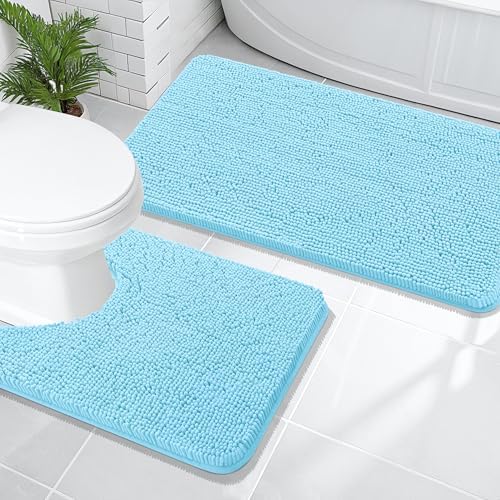 OLANLY Chenille Bathroom Rugs Mats Sets 2 Piece, 47"x20"+24"x20", Sky Blue