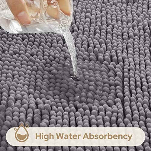 HOMEIDEAS Grey Long Chenille Bathroom Rugs Set of 3, Non Slip Bath Mat