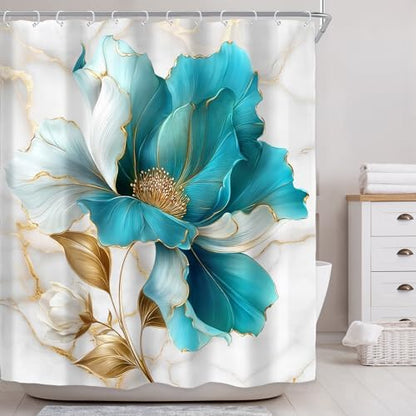 Riyidecor Teal Gold Marble Floral Shower Curtain for Bathroom Decor 60Wx72H Modern Turquoise Ombre Flower Abstract Luxury Minimalist Art Printed Fabric Polyester Waterproof 12 Pack Plastic Hooks
