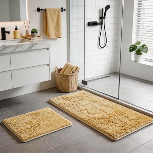 Bathroom Rugs Sets 2 Piece Plush Chenille Bath Rugs Non-Slip Bath Mats Absorbent Shaggy Rugs,Bathtub Mat,Bathroom Mats,Washable Bathroom Carpet for Tub, Shower,Washroom-32x20 + 24x16 Light Cream