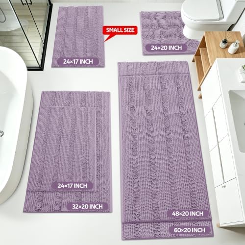 ACCUMTEK Striped Lavender Bathroom Rug Mat Set 2 piece 24"x17"+48"x20" Ultra Soft, Non Slip Chenille Bath Rugs, Absorbent Plush Shaggy Bath Mats for Bathroom, Bedroom, Kitchen, Shower, Tub