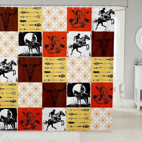 Feelyou Boys Western Bull Skull Shower Curtain Kids Teens Boho Cow Longhorn Skullhead Bathroom Waterproof Accessories with 12 Hooks 72x72 Inches Bohemian Cowboy Southwest Country Ranch Room Decor