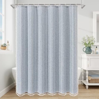 MitoVilla Blue Boho Fabric Shower Curtain, Modern Farmhouse Polyester Linen Shower Curtains for Vintage Rustic Bathroom Decor, Country Tassel Thick Cloth Shower Curtain, 72 x 72 (Pack of 2)
