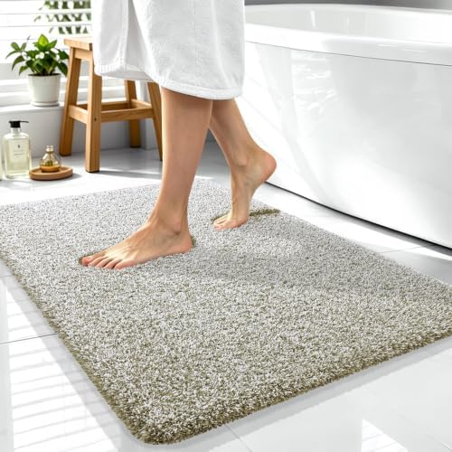 OLANLY Microfiber Bathroom Rugs 40x32, Quick Dry Mat, Moss Green and White
