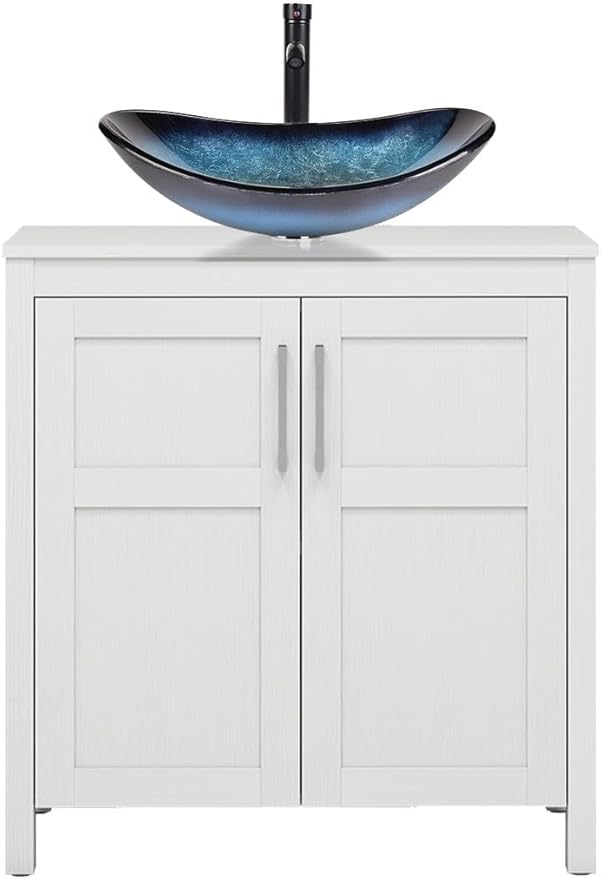 YOURLITE 30" Bathroom Vanity with Sink, White Bathroom Vanity and Sink Combo with Faucet & Pop Up Drain Set,Traditional Vanity with Blue Glass Bowl Bathroom Sink