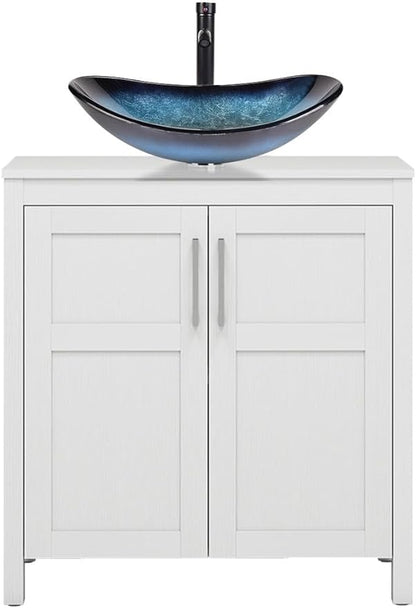 YOURLITE 30" Bathroom Vanity with Sink, White Bathroom Vanity and Sink Combo with Faucet & Pop Up Drain Set,Traditional Vanity with Blue Glass Bowl Bathroom Sink