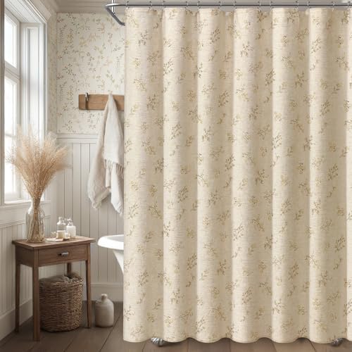 Beige Floral Farmhouse Vintage Linen Shower Curtain French Country 72Wx72H